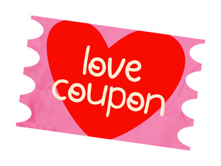 Pink love coupon with red heart. Hand drawn doodle vector illustration with halftone texture. Modern retro vintage ticket isolated on transparent background
