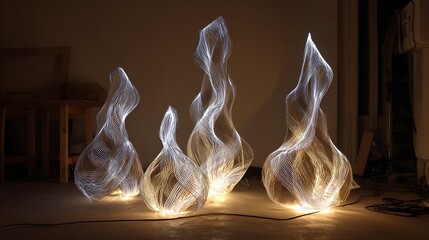 Luminous wisps of light shaped like flames standing on a floor with warm glow in a dark room with a wire mesh texture with lighting and sculpture