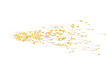 Golden hearts sparkling and trailing across a dark background, symbolizing love and celebration isolated on transparent background