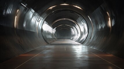 Metallic industrial tunnel with shiny curved walls and bright exit in the distance for technology and transport concepts with metallic tunnel