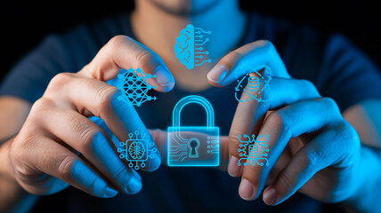 Cyber Security and Artificial Intelligence Concept with Digital Lock, Data Protection and Machine Learning Technology