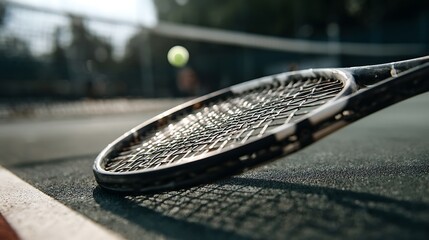 Tennis racket on court with ball in background on a sunny day for sports and leisure activities with game and outdoor and fun and fitness and activity