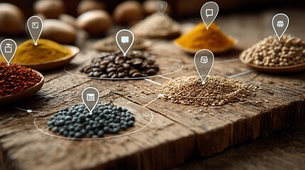 A close-up shot of various spices in wooden spoons, connected by data pointers
