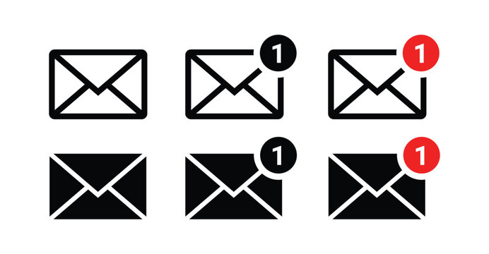 Black Envelope Icons With Notification Badges email isolated on transparent background
