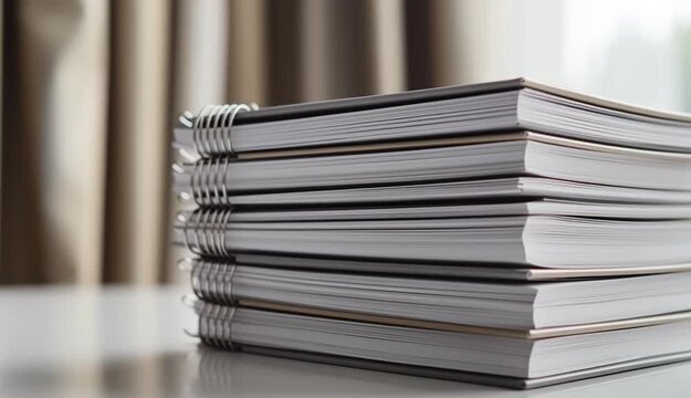 Stack of thick magazines or catalogs with visible page edges on white desk surface, side view showing layered paper thickness