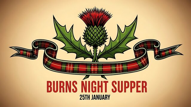 Traditional scottish burns night supper logo with thistle and tartan ribbon