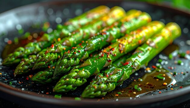 Freshly cooked green asparagus spears on a dark plate ready to eat