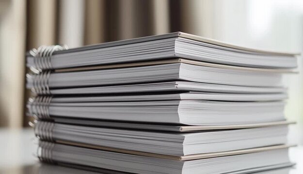 Stack of thick magazines or catalogs with visible page edges on white desk surface, side view showing layered paper thickness