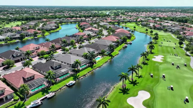 Aerial view of luxury waterfront homes adjacent to a lush golf course with palm trees and a canal