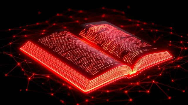 Glowing digital book with red neon lights on black background