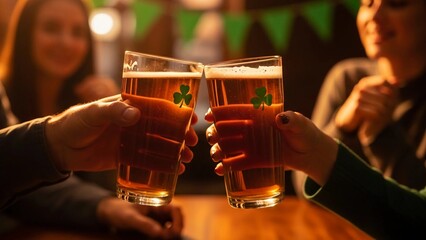 Man and woman toast two pints of beer with shamrock for celebrating St Patricks Day. Irish traditional drink for a happy festival.