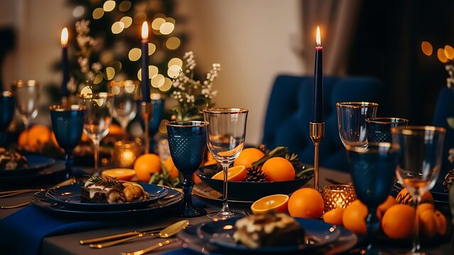 A beautifully set table with oranges and candles for a festive holiday dinner party - Powered by Adobe