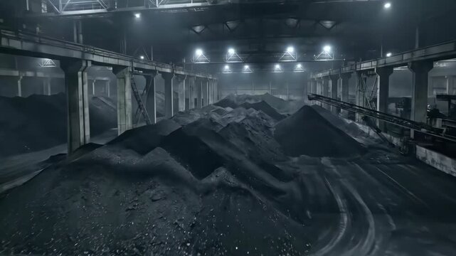 Industrial coal storage warehouse stockpile and pile dark warehouse with dramatic smoky lighting