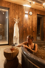 Relaxing evening in a cozy hot tub with calming ambiance