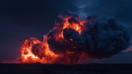 A massive explosion unfolds under a stormy, twilight sky, casting fiery light and billowing smoke