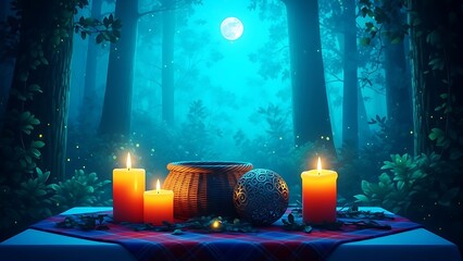 Mystic forest altar with candles and ancient artifacts under moonlight