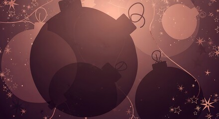 Stylized dark brown Christmas ornament silhouettes float across a festive background filled with glowing stars and abstract circles creating holiday cheer.