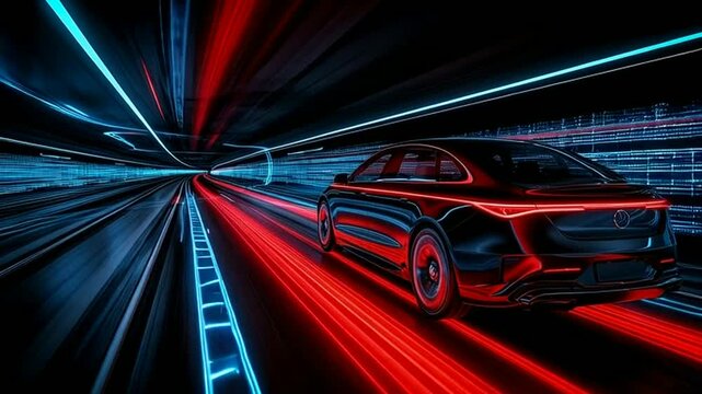 Sleek black car speeds through futuristic neon tunnel