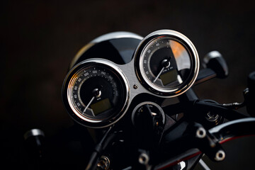 Close-up photo of a classic motorcycle dashboard with detailed speedometer and gauges, ideal for vintage, automotive, and travel projects. Retro background