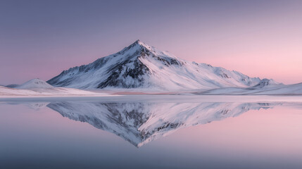 Snowy mountain peak reflected in calm lake at sunset
