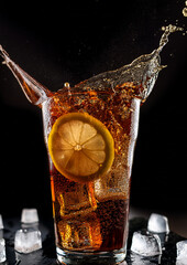 A tall glass filled with a dark, fizzy beverage, featuring a prominent lemon slice. 