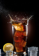 A tall glass filled with a dark, fizzy beverage, featuring a prominent lemon slice. 