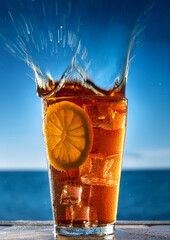 A glass of iced tea is captured with a splash, featuring three ice cubes and a lemon slice on the rim. 