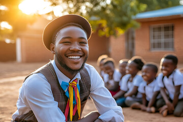 Smiling Male Teacher with African Village School Children at Sunset