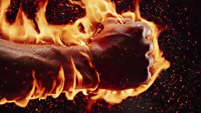 Fist engulfed in intense orange fire and sparks against a dark background