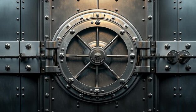 Front view of massive bank vault door with circular combination lock wheel, heavy steel construction with rivets and bolts