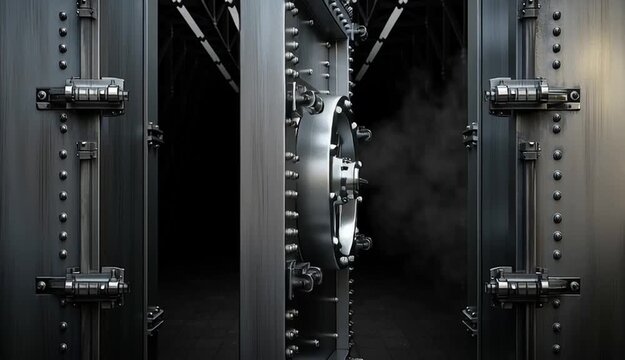 Front view of massive bank vault door with circular combination lock wheel, heavy steel construction with rivets and bolts