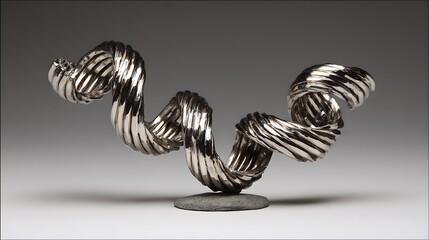Metallic dynamic sculpture twists in abstract form on gray background with twisted and art and modern and contemporary and shiny and curved and shape
