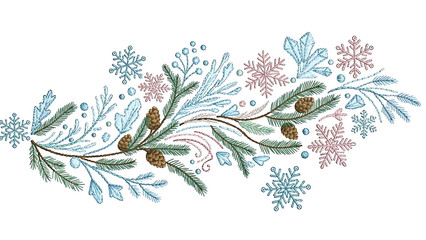 Winter pine branch with pinecones and snowflakes isolated on a transparent background