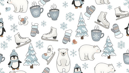 Winter scene with penguins, polar bears, and ice skates isolated on a transparent background