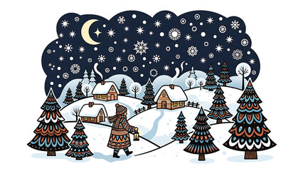 Winter Scene with Person Walking in Snowy Forest isolated on a transparent background