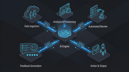 Artificial intelligence process concept with central brain and isometric blocks for data ingestion, analysis, automation, feedback, action, and data flow, futuristic AI technology illustration.