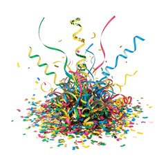 A vibrant pile of colorful confetti and ribbons on transparent background