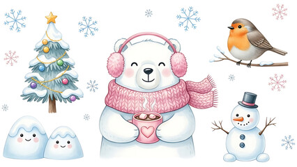 Polar bear with pink headphones holding hot drink isolated on a transparent background
