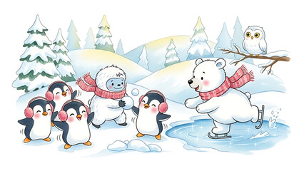 Penguins and polar bear ice skating in winter landscape isolated on a transparent background