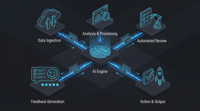 Artificial intelligence process concept with central brain and isometric blocks for data ingestion, analysis, automation, feedback, action, and data flow, futuristic AI technology illustration. - Powered by Adobe