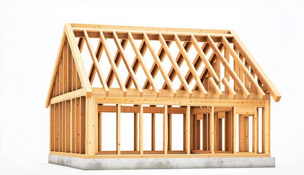 Wooden frame construction of a residential house, timber framing structure with exposed beams and studs, unfinished home building skeleton