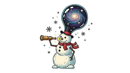 Snowman with telescope looking at galaxy isolated on a transparent background