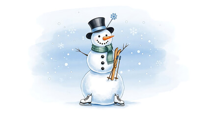 Snowman with skis and ice skates isolated on a transparent background