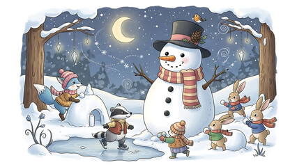 Snowman with animals in winter forest isolated on a transparent background