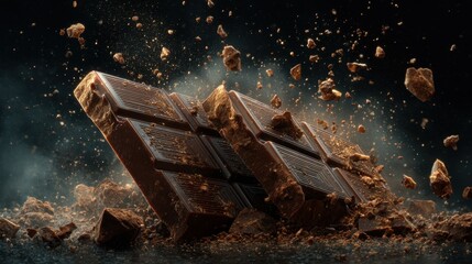 Chocolate bars breaking into pieces with flying crumbs
