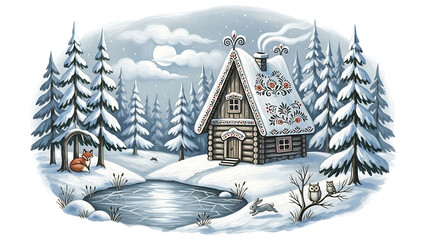 Snowy Cabin with Animals in Winter Forest isolated on a transparent background