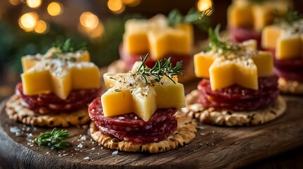 Close-up of appetizers crackers with salami, star-shaped cheese, and herbs on wooden board