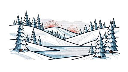 Snowy Mountain Landscape With Pine Trees isolated on a transparent background