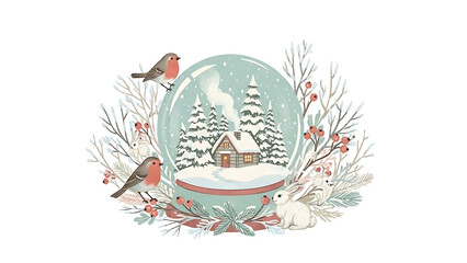 Snowy village in a glass globe with birds and rabbit isolated on a transparent background