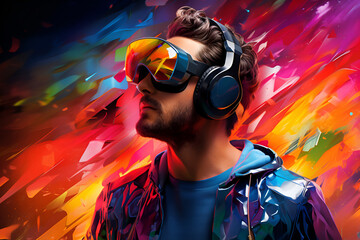 Man in futuristic VR headset exploring a colorful virtual world